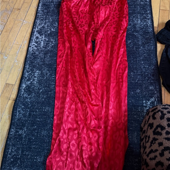 Pants - Red Satin Leopard Jacquard Wide-Leg Pants